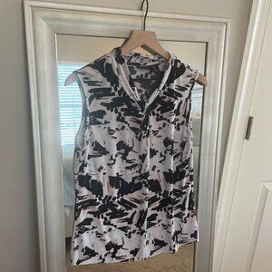 Tahari Women's White Black Pink Sleeveless Twist Neck PrintTop Blouse Size L